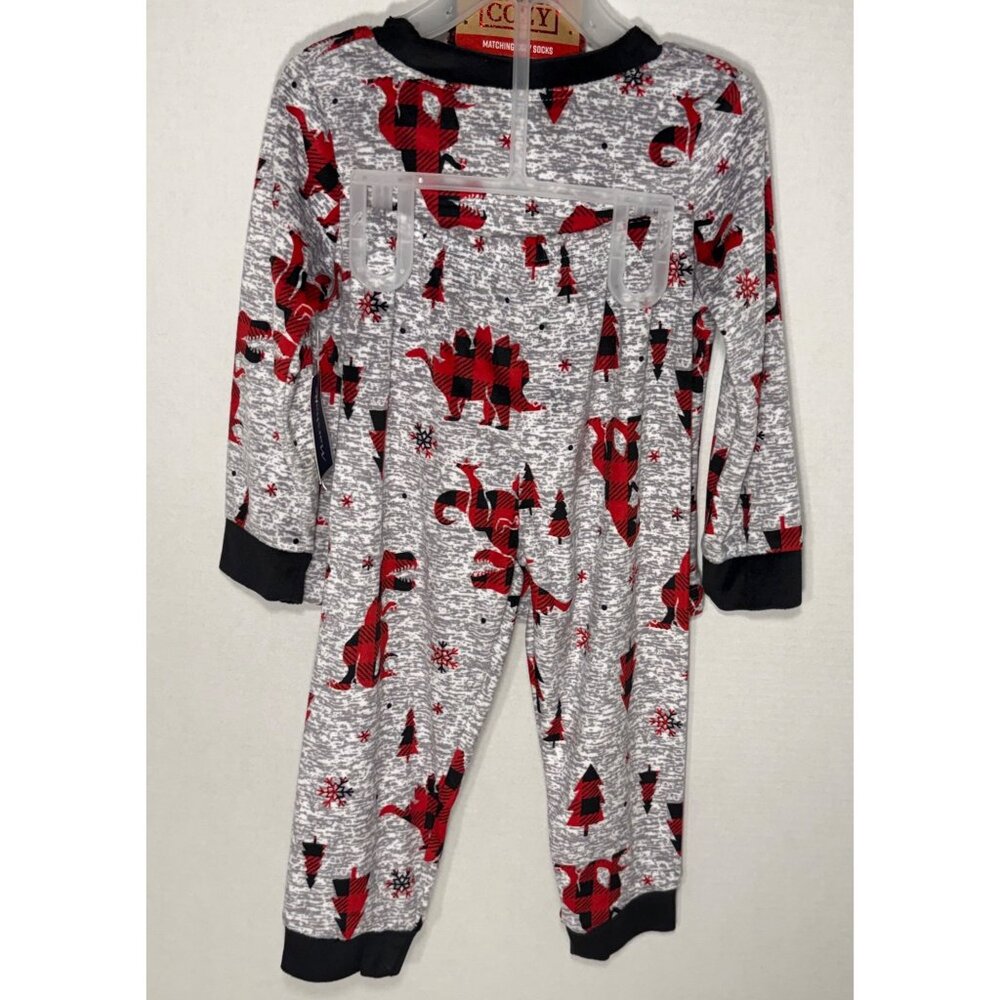 Let's Get Cozy 3T Gray Red Dino Dinosaur Pajama PJ Set buffalo check Socks NWT